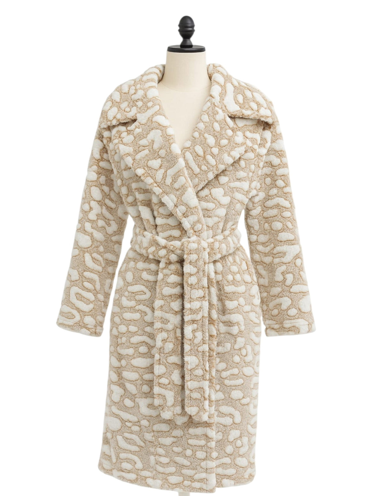 Image for Women's Leopard Printed Faux Fur Robe&Belt,White/Taupe