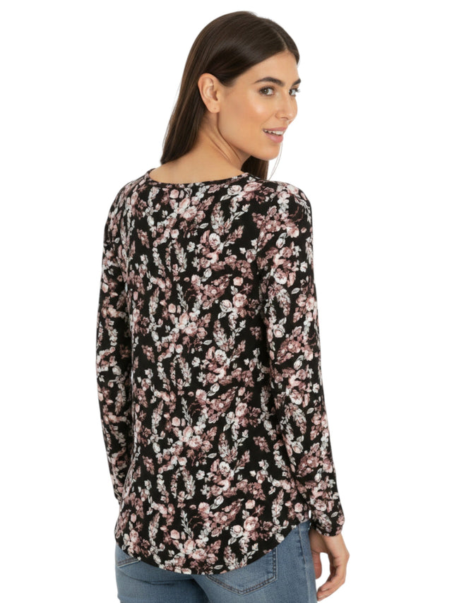 Image for Women's Floral Printed Mesh Top,Black