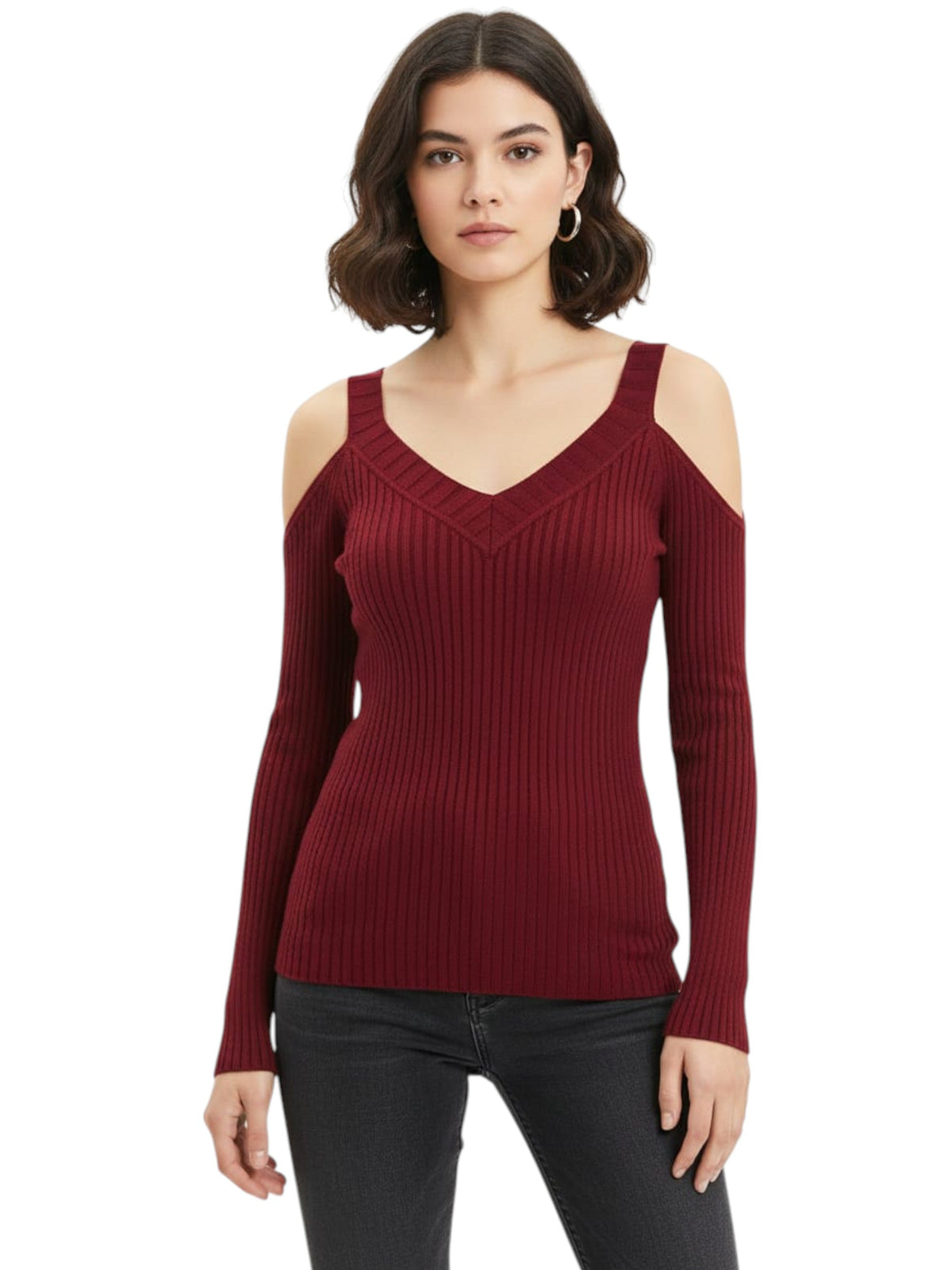 Image for Women's Ribbed Cold Shoulder Top,Burgundy