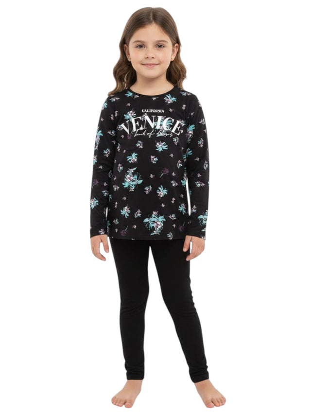 Image for Kids Girl's Floral Printed Pajama Set,Black