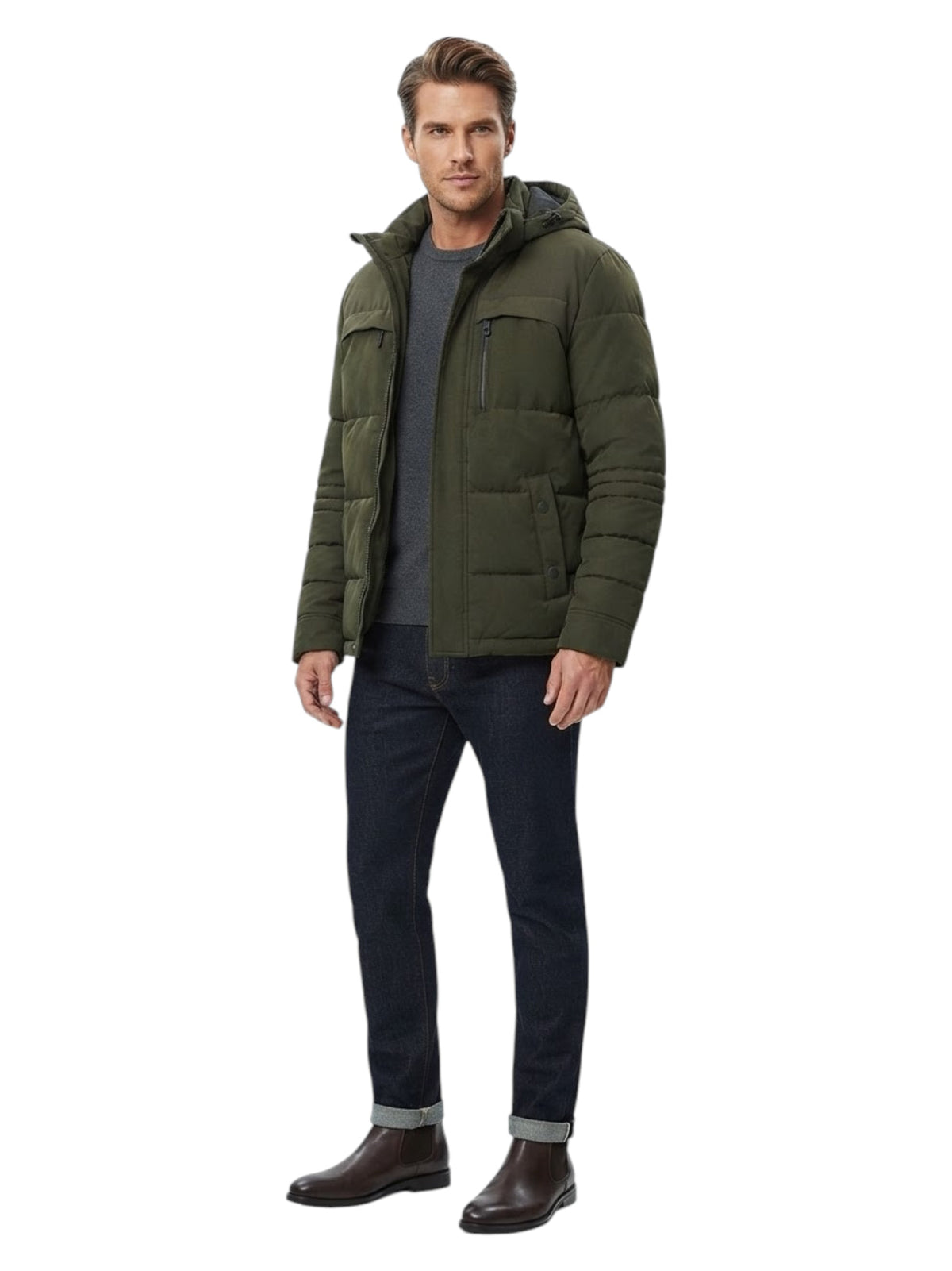 Image for Men's Plain Puffer Jacket,Olive Green