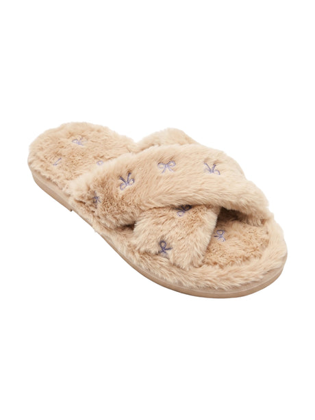 Image for Women's Printed Crossed Faux Fur Slippers,Beige