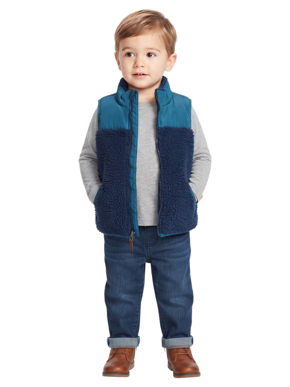 Image for Kids Boy Plain Fur Vest,Navy/Green