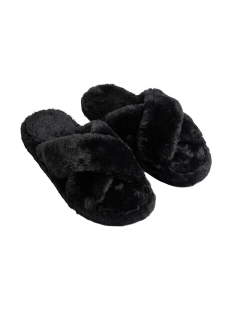 Image for Women's Plain Crossed Faux Fur Slippers,Black