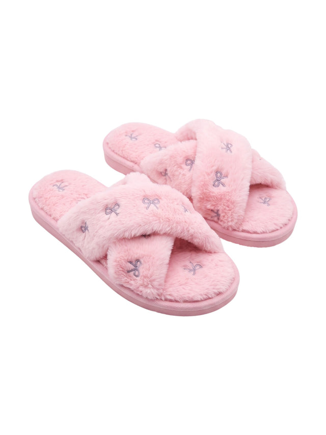 Image for Women's Printed Crossed Faux Fur Slippers,Pink