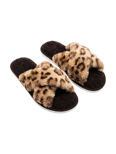 Image for Women's Leo Printed Crossed Faux Fur Slippers,Brown