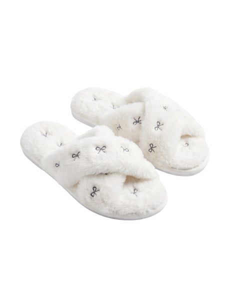 Image for Women's Printed Crossed Faux Fur Slippers,White