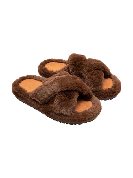 Image for Women's Plain Crossed Faux Fur Slippers,Brown