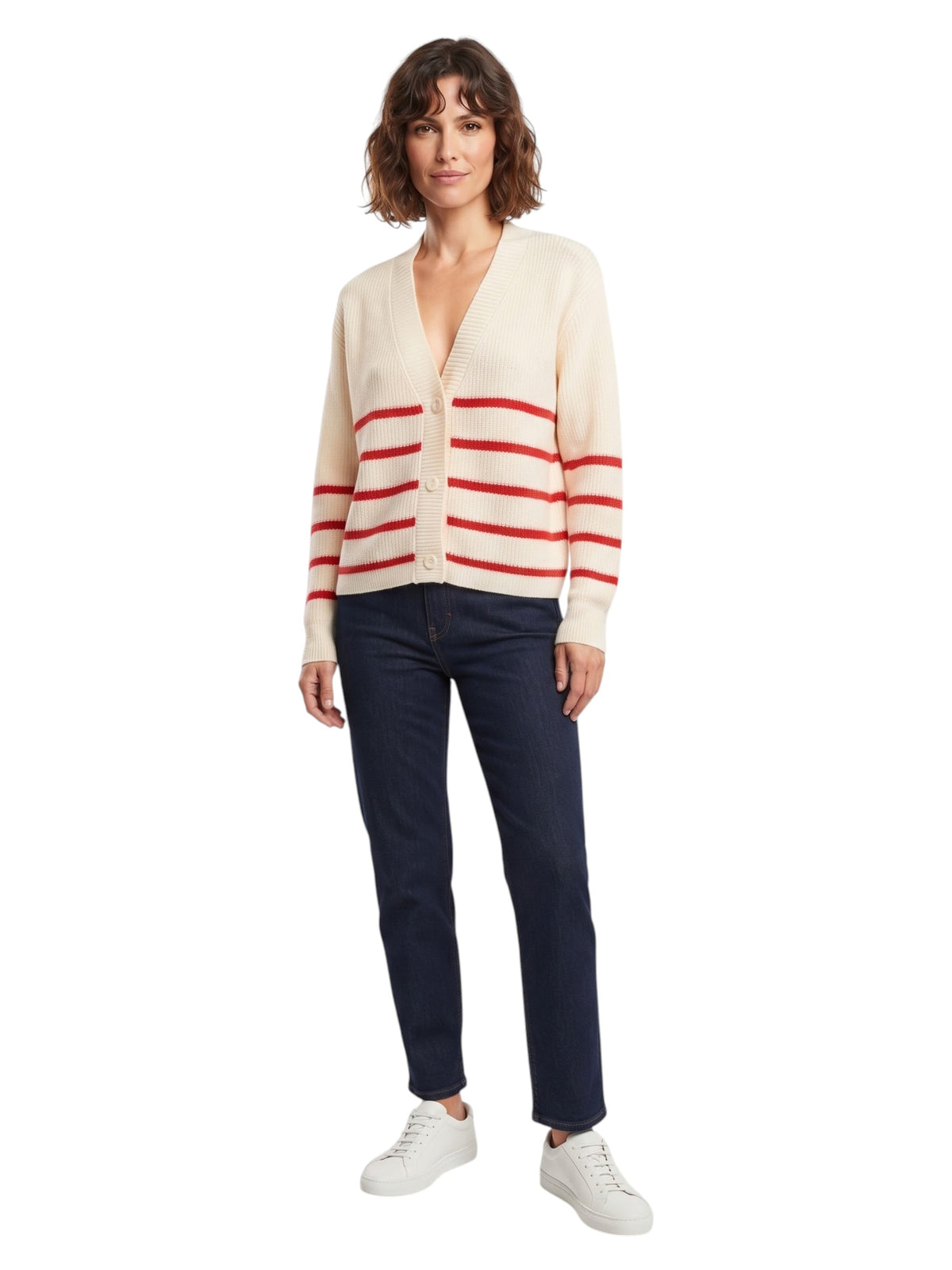 Image for Women's Striped Cardigan,Off White/Red