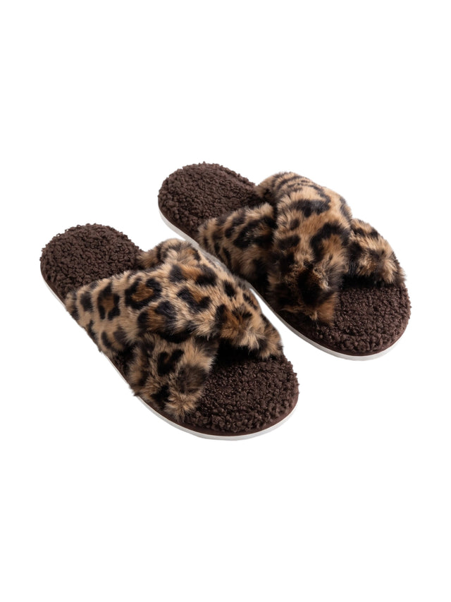 Image for Women's Leo Printed Crossed Faux Fur Slippers,Brown
