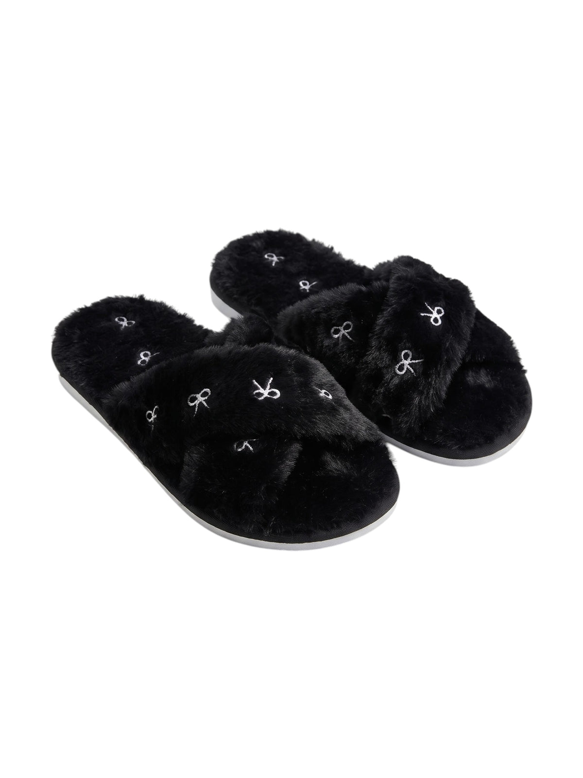 Image for Women's Printed Crossed Faux Fur Slippers,Black