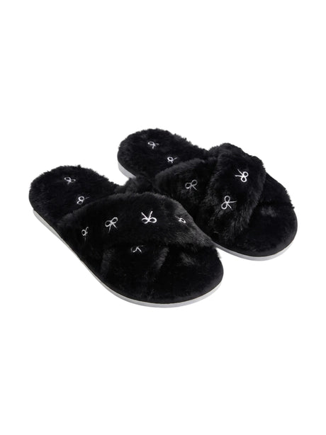 Image for Women's Printed Crossed Faux Fur Slippers,Black
