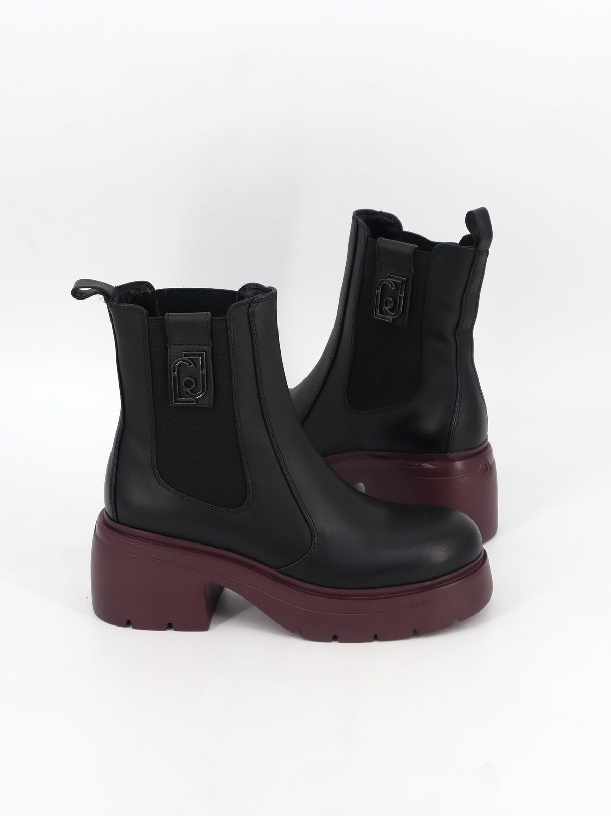 Women's Plain Leather Ankle Boots,Black/Burgundy