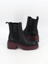 Women's Plain Leather Ankle Boots,Black/Burgundy