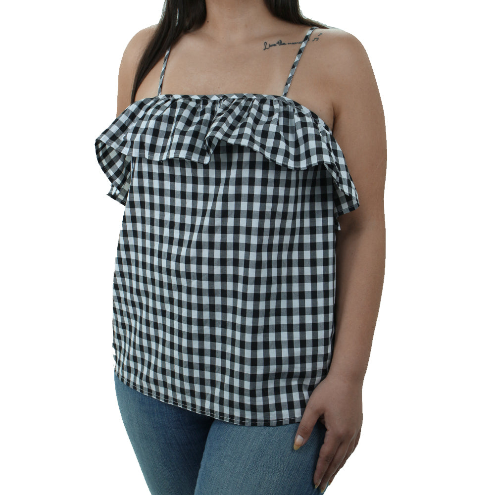 Image for Women's Plaid Ruffle Top,Black/White