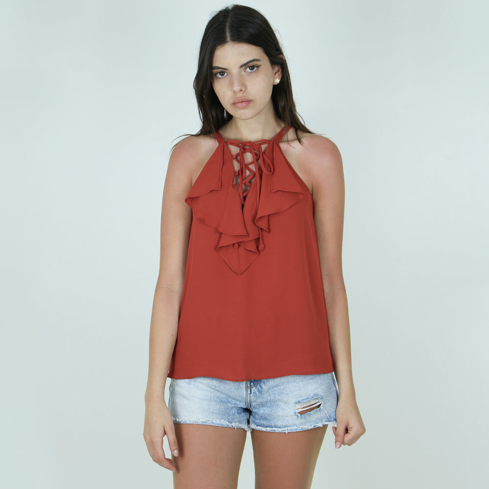 Image for Women's Ruffled-Neck Chiffon Top,Brick