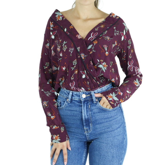 Image for Women's Floral-Print Bodysuit,Burgundy