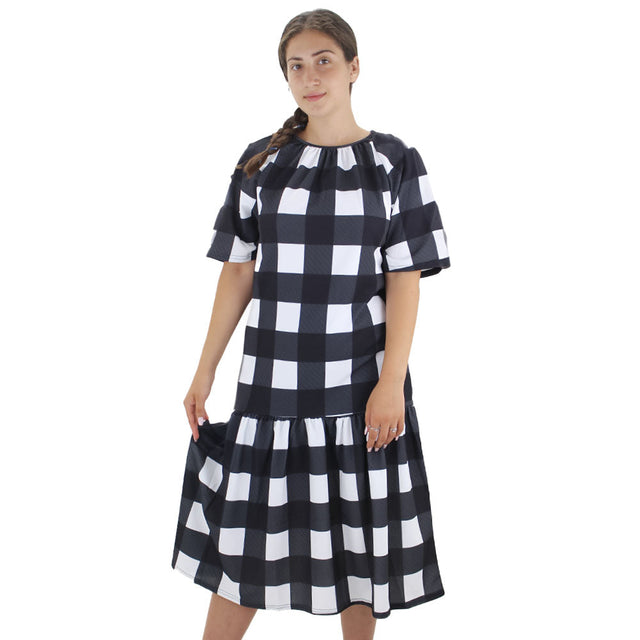 Image for Women's Plaid Ruffle Hem Oversized Dress,White/Black
