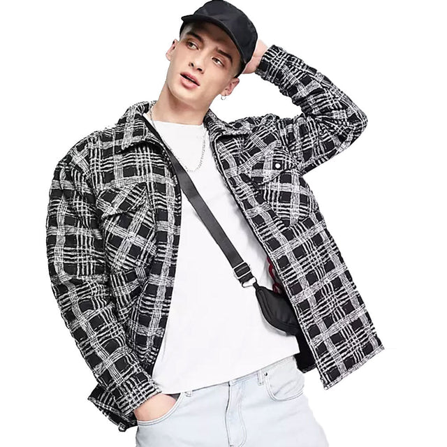 Image for Men's Zipper Fly Plaid Jacket,Black