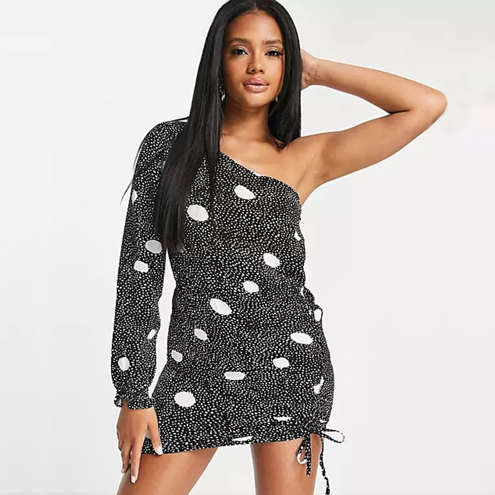 Image for Women's Printed One Shoulder Short Dress,Black/White