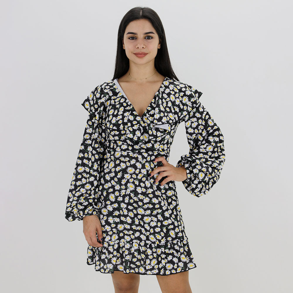 Image for Women's Floral Printed Ruffled Dress,Black