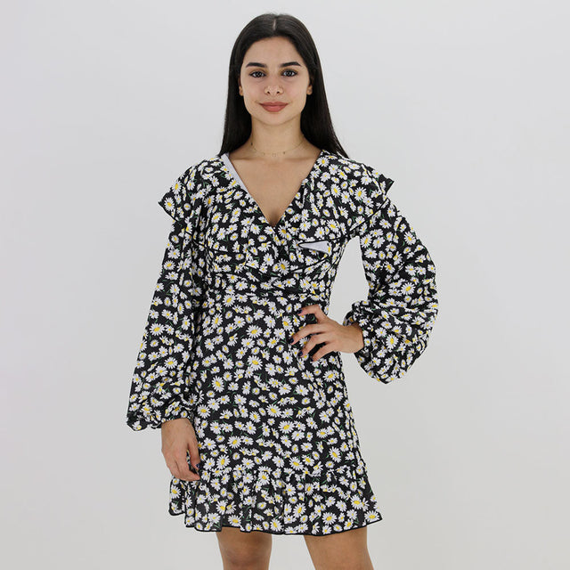 Image for Women's Floral Printed Ruffled Dress,Black