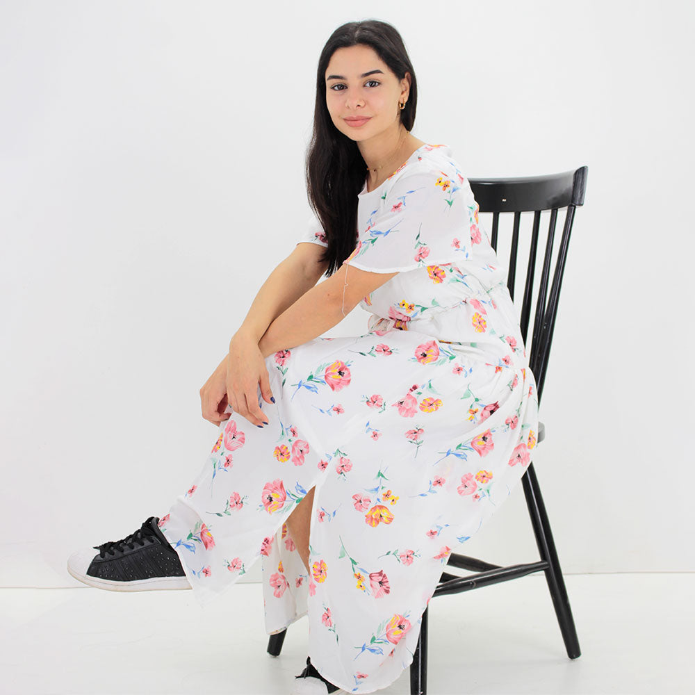 Women's Floral Long  Dress,White