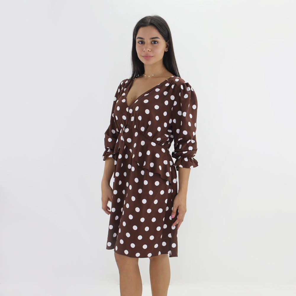 Women's Polka Dots Short Dress,Brown